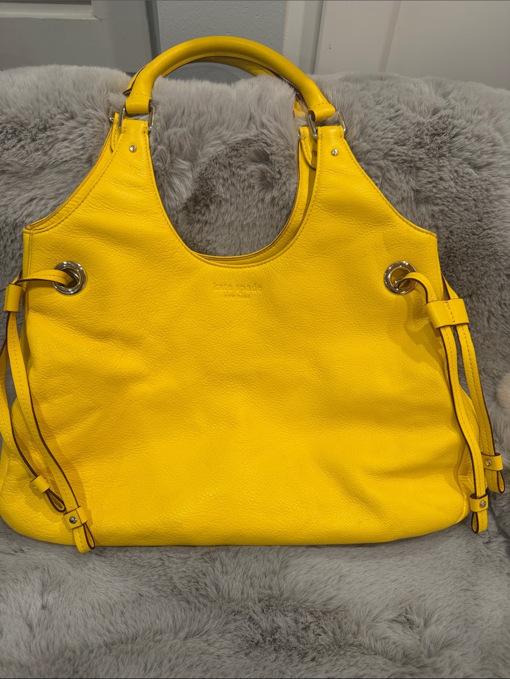 Kate Spade Yellow Pebbled Leather Hobo Shoulder Bag Purse Striped Lining Good